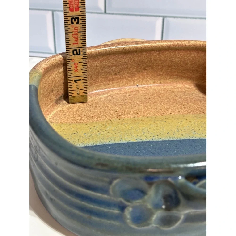 Studio Pottery Handcrafted Square Casserole Dish Blue Yellow Glazed Stoneware